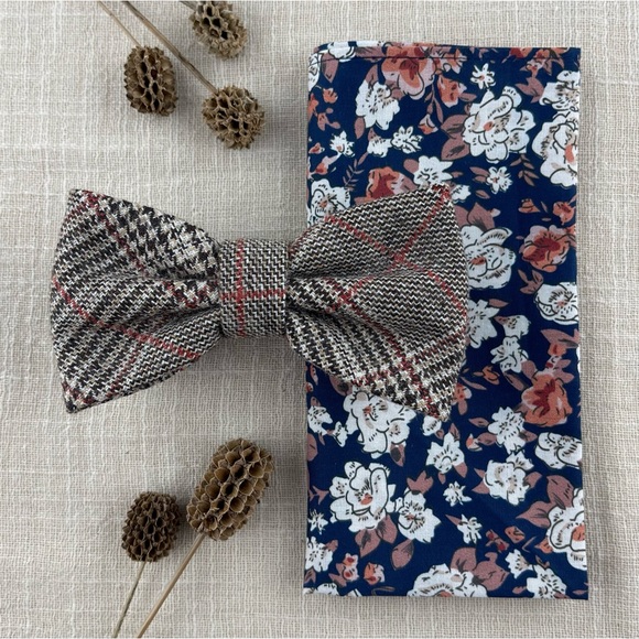 Men’s Glencheck Wool Bow Tie & Navy Floral Pocket Square Set - Picture 1 of 5